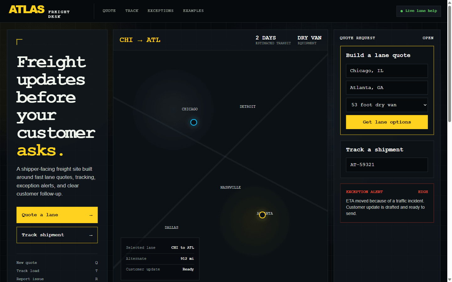 Atlas Freight Desk customer-facing website screenshot