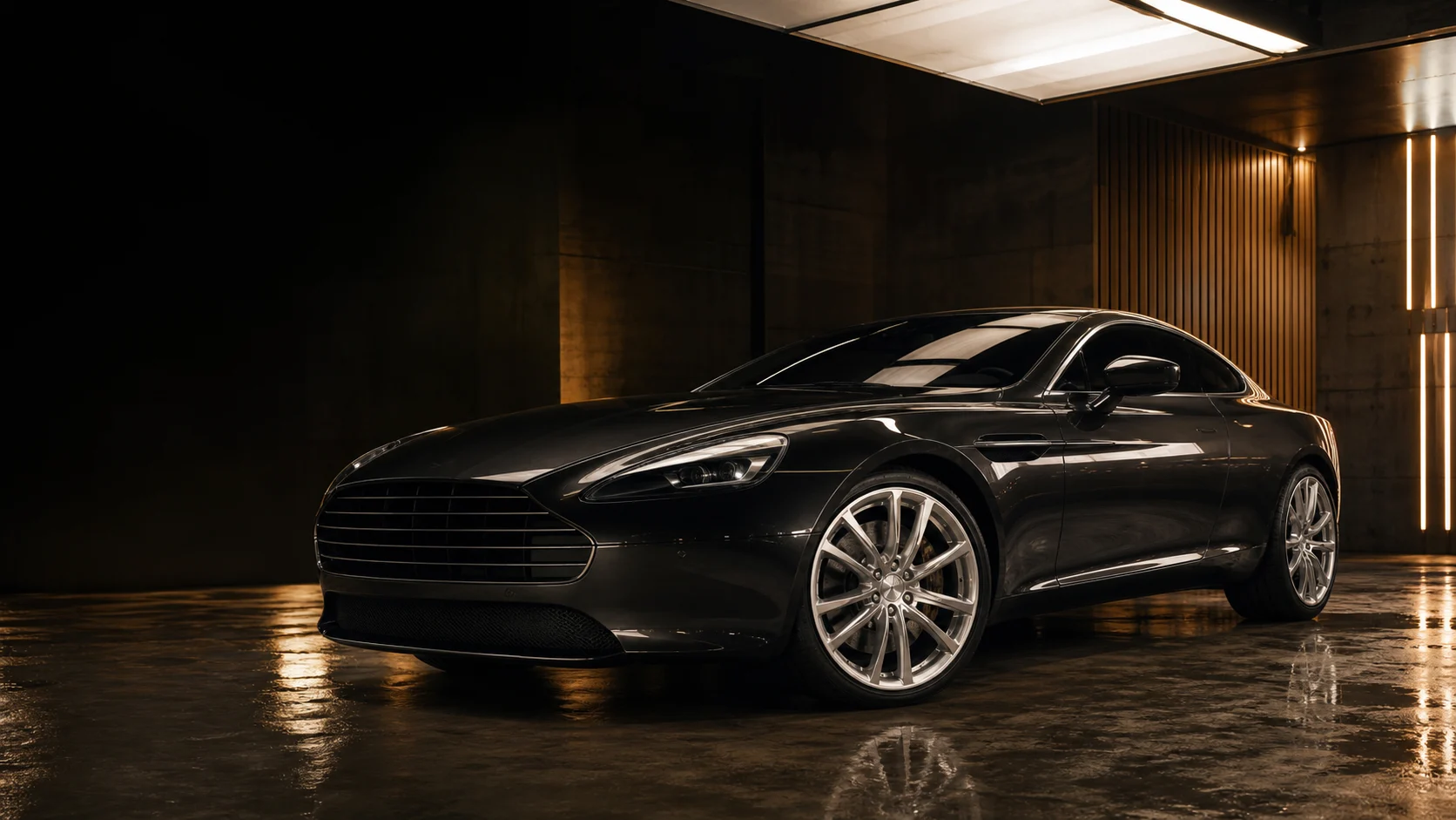 Charcoal coupe under warm studio lighting
