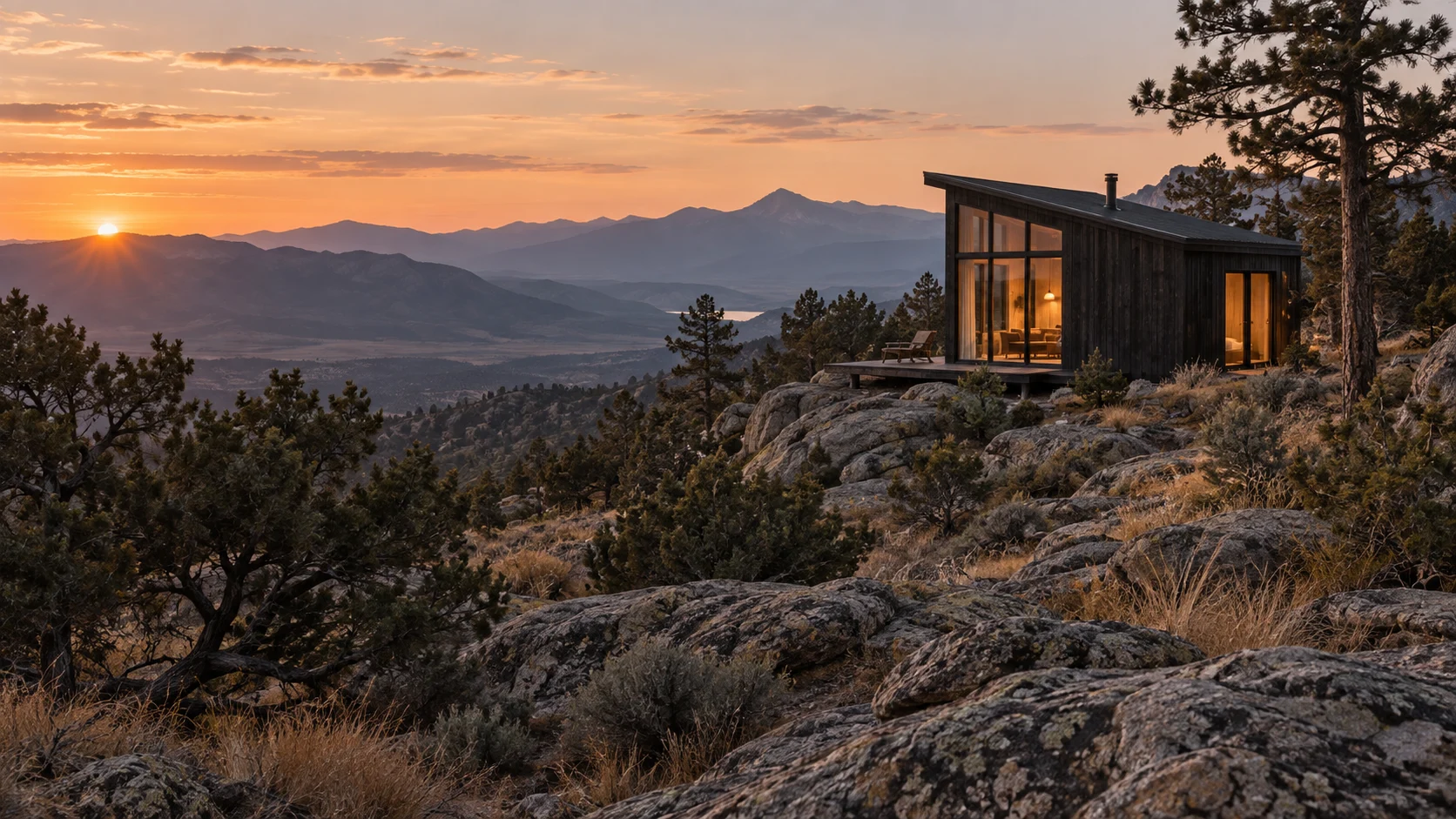 A timber cabin overlooking distant mountain ridges at dawn