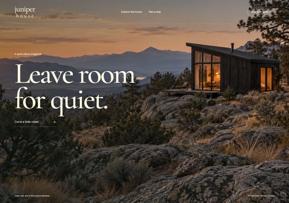 Juniper House retreat website with a timber cabin overlooking mountain ridges