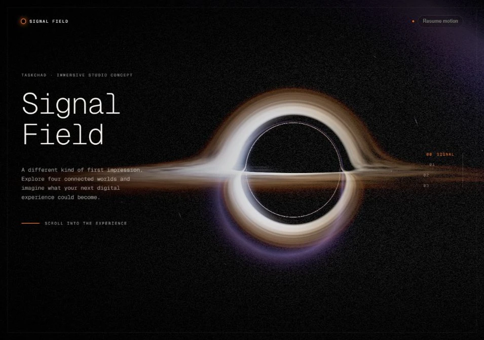 Signal Field immersive website with a luminous orbital scene